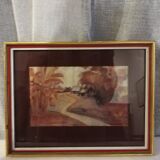 Old painting, watercolor on silk, representing a banana plantation with two Creole houses