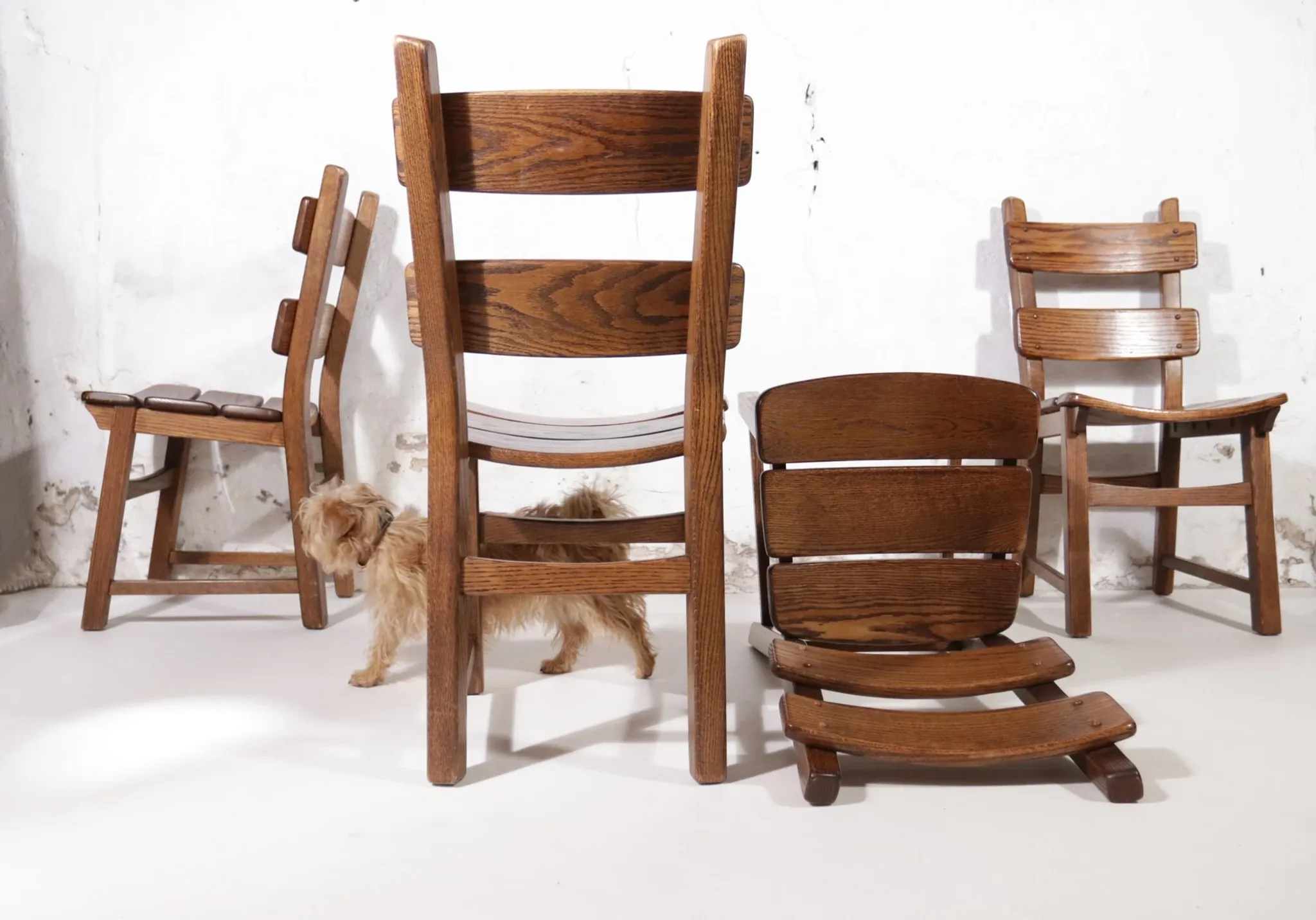 Set of 4 brutalist oak ladderback dining chairs – Netherlands, 1970s