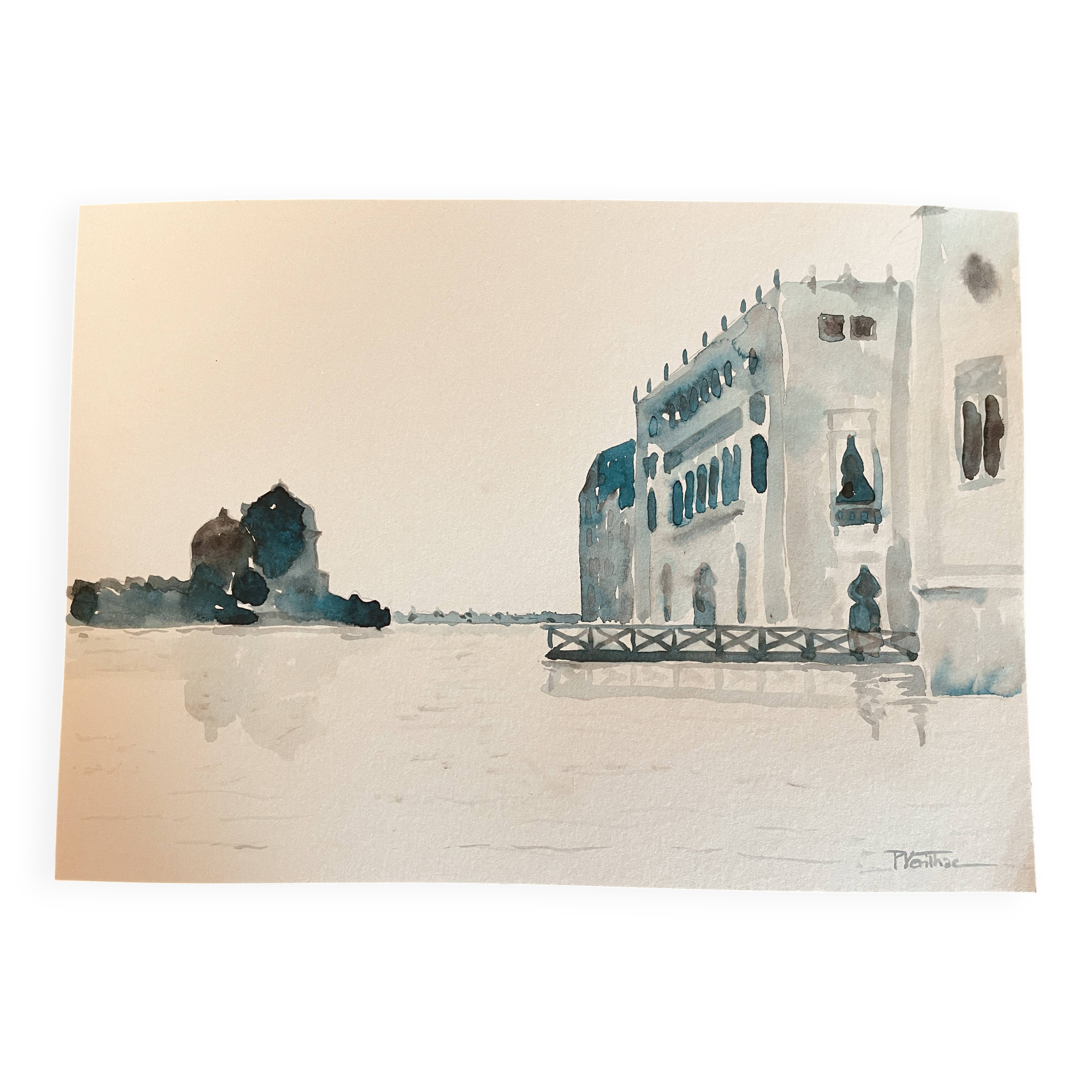 Watercolor painting "Twilight in Venice at the Cipriani", signed