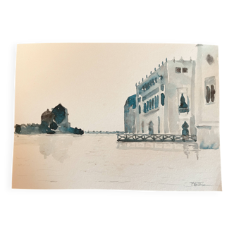 Watercolor painting "Twilight in Venice at the Cipriani", signed
