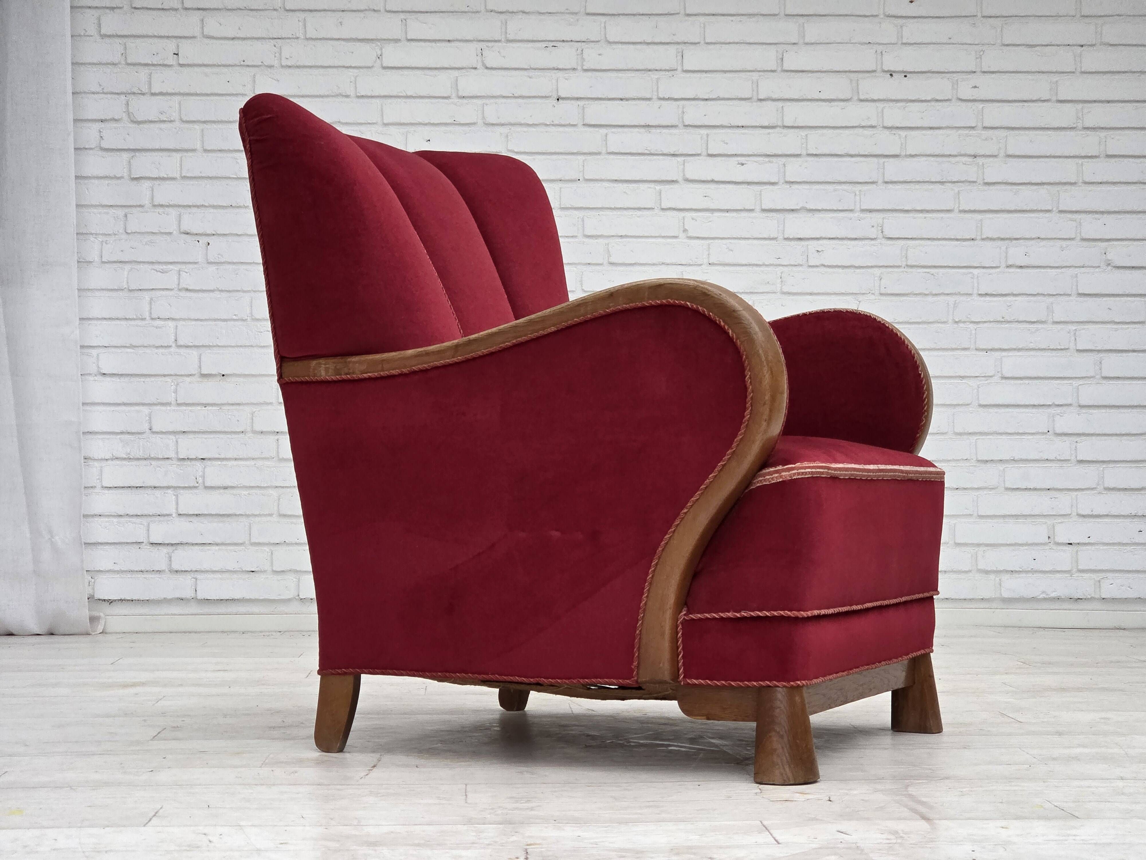 1960s, Danish armchair, red furniture velour, oak wood.