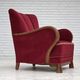 1960s, Danish armchair, red furniture velour, oak wood.