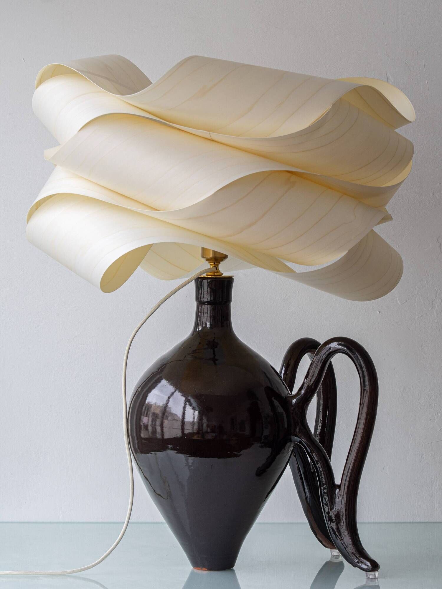 Modern Sculptural Table Lamp in Ceramic and Wood, Organic Style: "Cántaro Cloud" with Wings