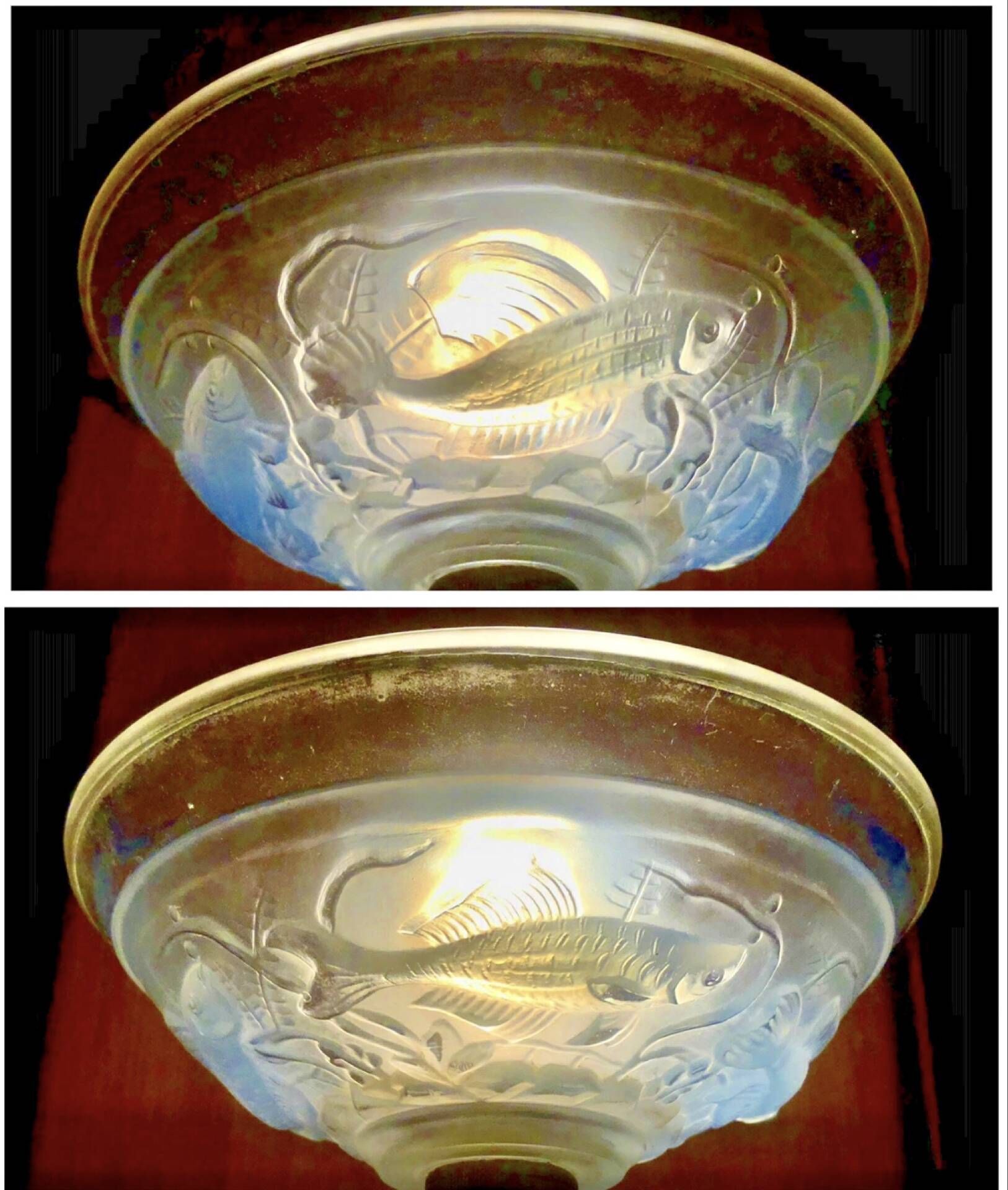 Art Deco lamp 1930 wrought iron opalescent glass fish Ezan