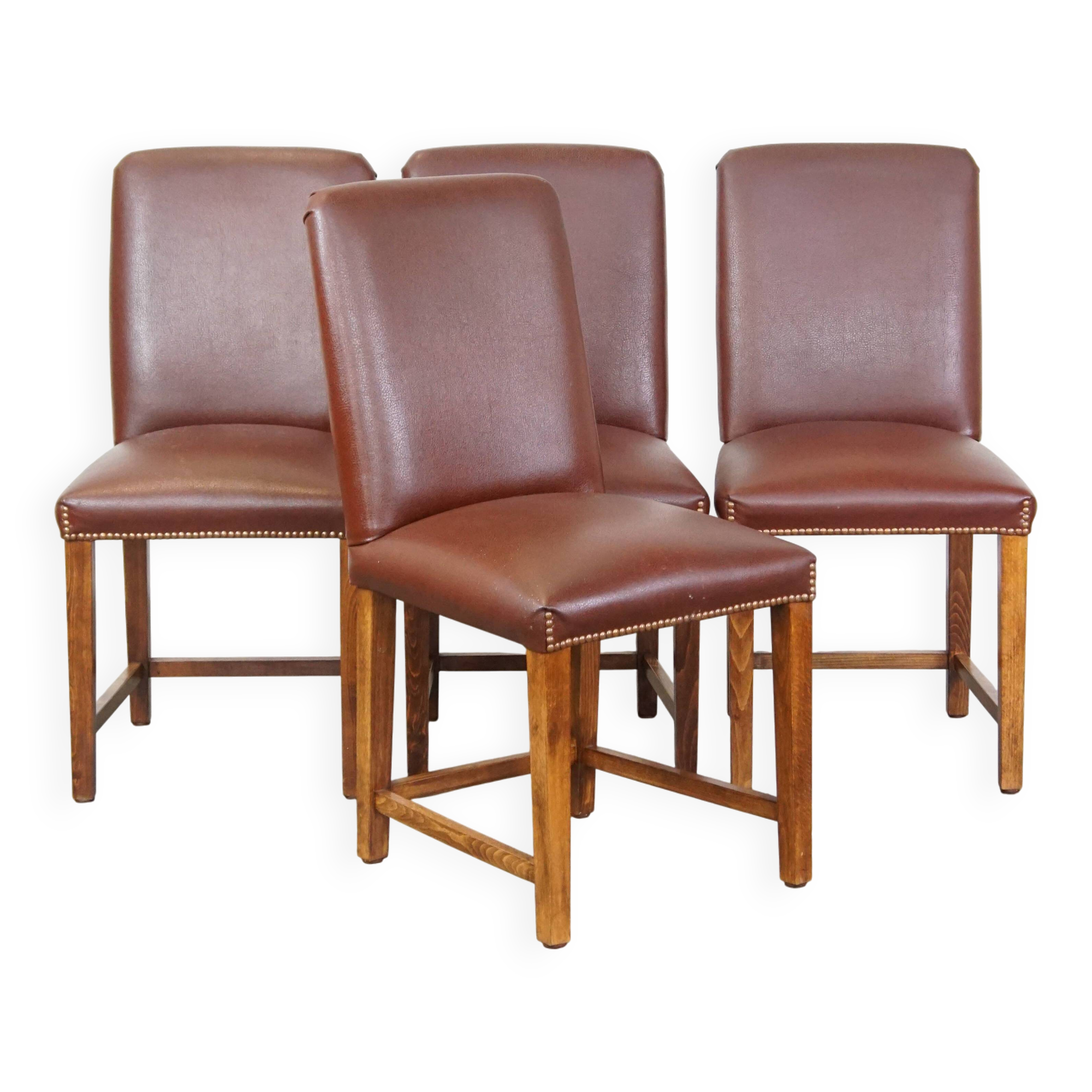 Set of 4 English style dining chairs in cognac-colored leather