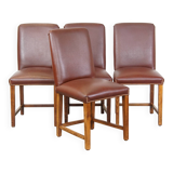 Set of 4 cognac-colored English style dining chairs made of leather