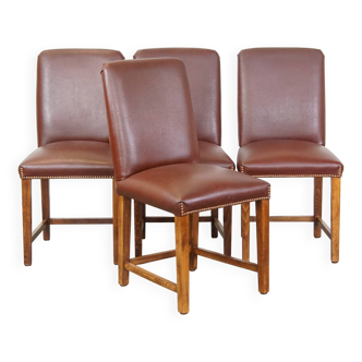 Lot de 4 chaises de salle à manger de style anglais en cuir couleur cognac