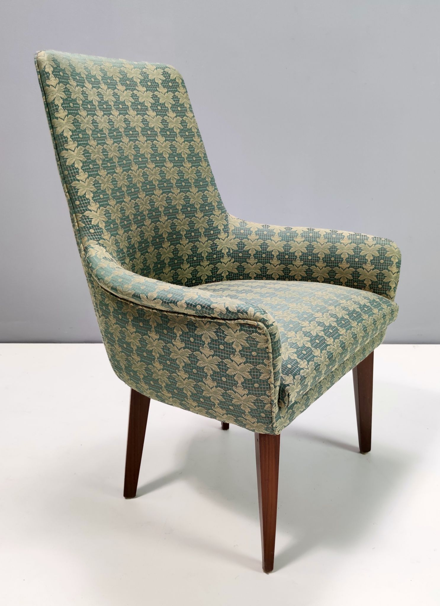 Green fabric and beech armchairs, italy