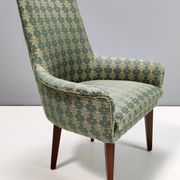 Green fabric and beech armchairs, italy