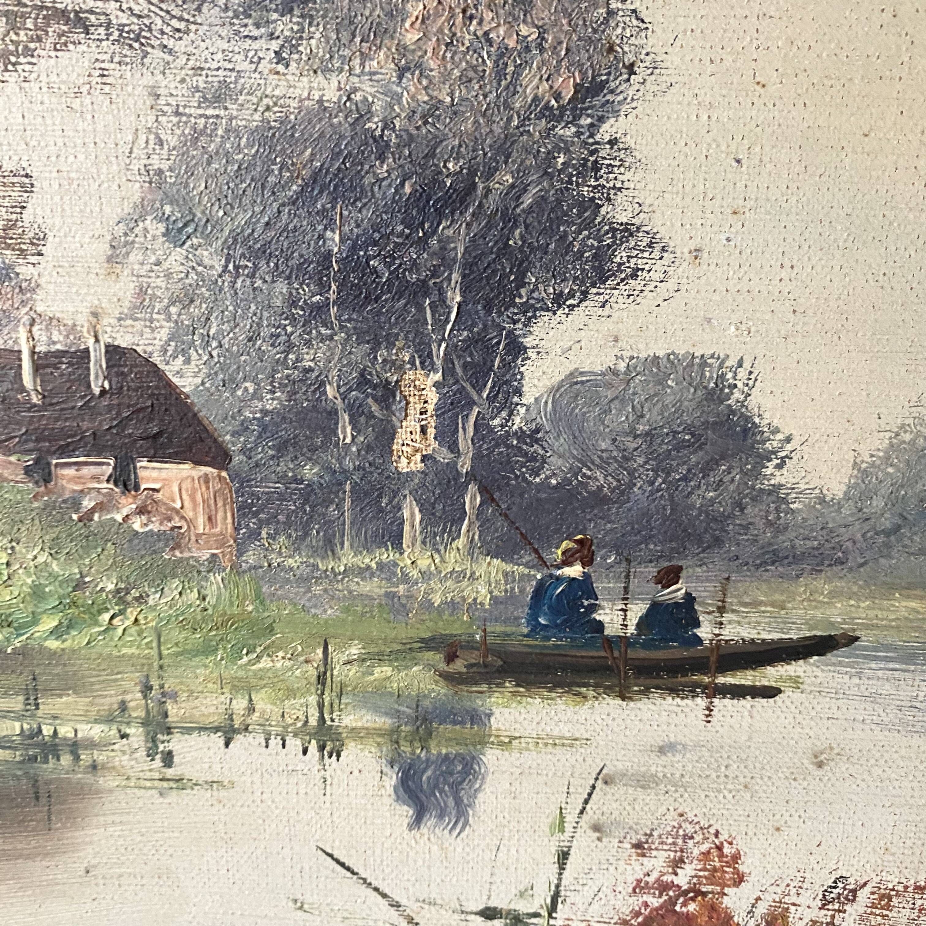 Old canvas painting at the water's edge, boat