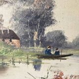 Peinture sur toile ancienne au bord de l'eau ,  barque