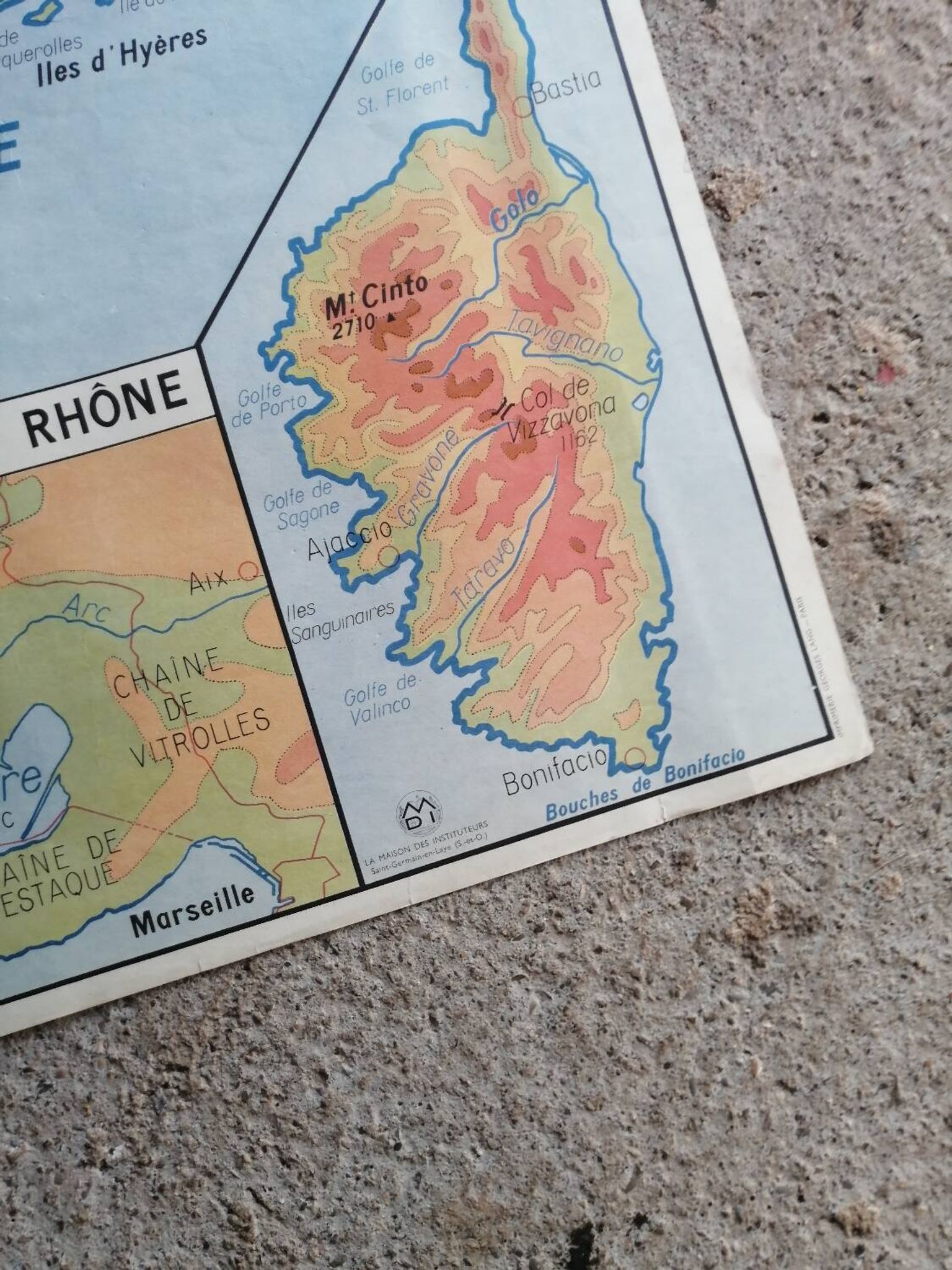 Vintage school map of France, Mediterranean, Corsica, Massif Central