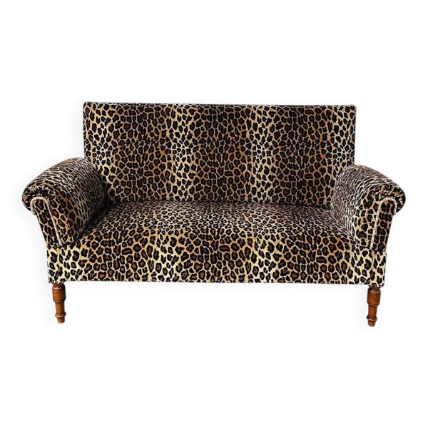Sofa vintage en velours léopard / sofa mural avec accoudoirs rabattables, France.