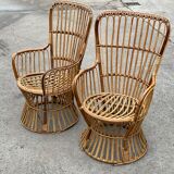 Ensemble de deux fauteuils en rotin du milieu du siècle par Bonacina 1950 Design