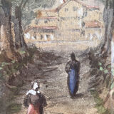 Tableau Aquarelle XIX° "Le chemin de la ferme - Nivernais" & cadre