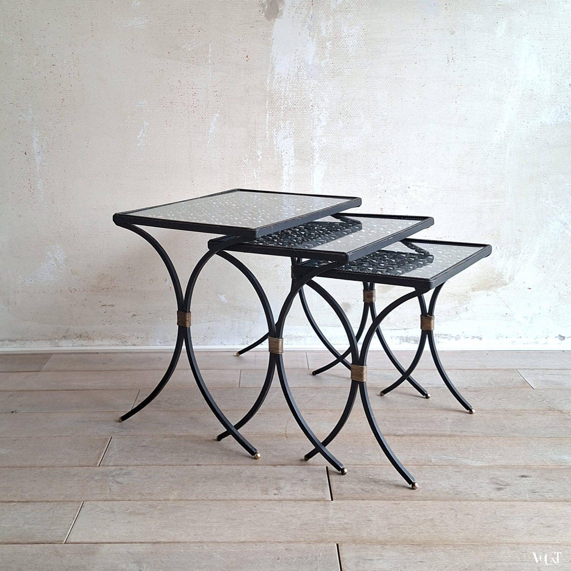 Set of 3 black wrought iron side tables with gold-coloured accents, 1950s
