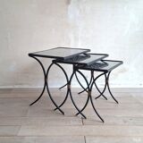 Set of 3 black wrought iron side tables with gold-coloured accents, 1950s
