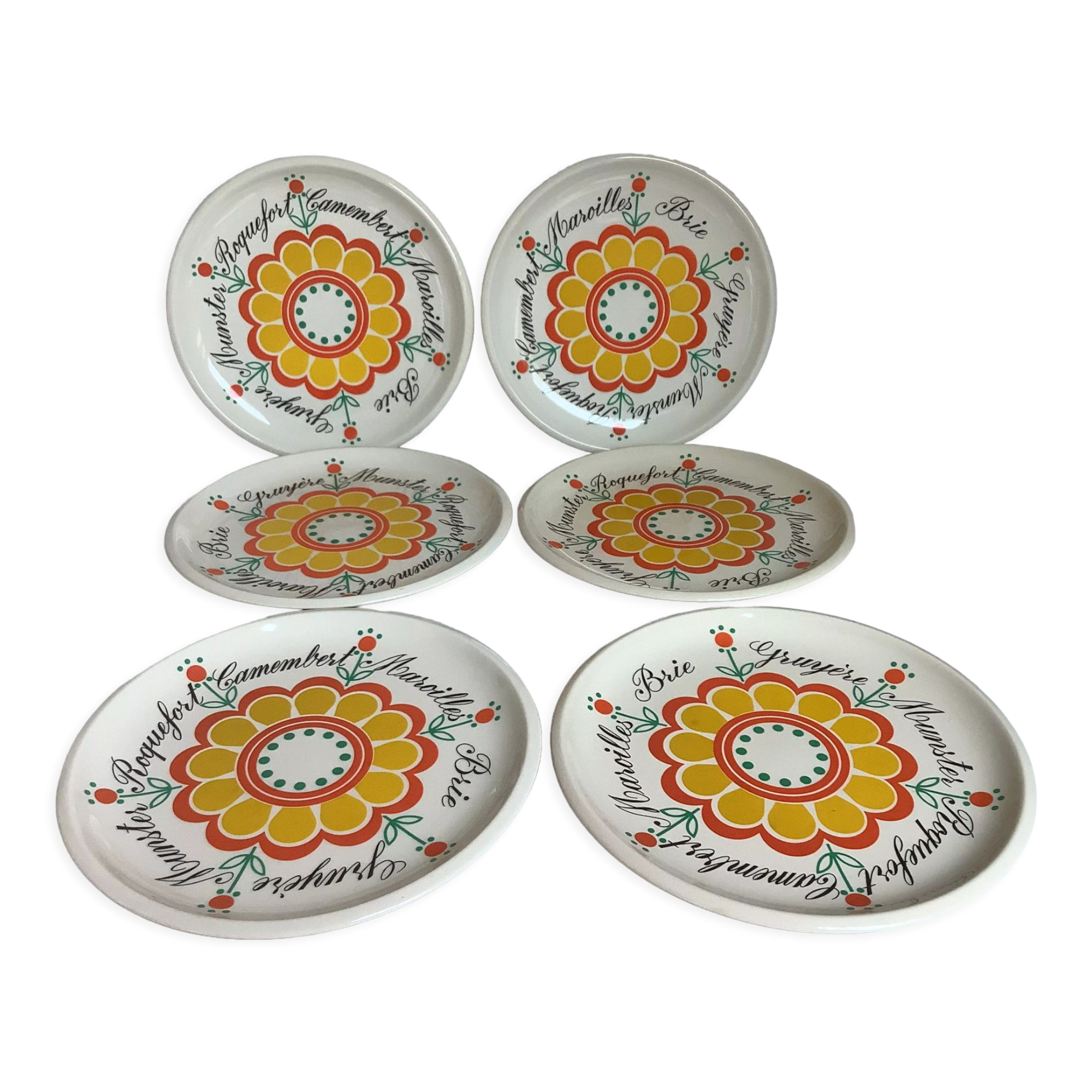 Six vintage floral cheese plates.