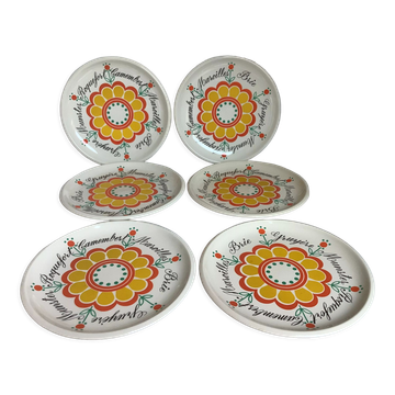Six vintage floral cheese plates.