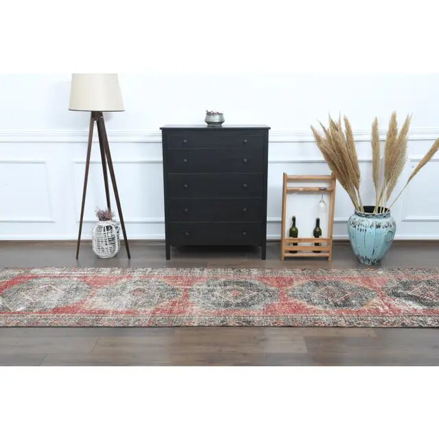 1970s Turkish Oushak Handmade Wool Cotton Red Runner Rug 103x382