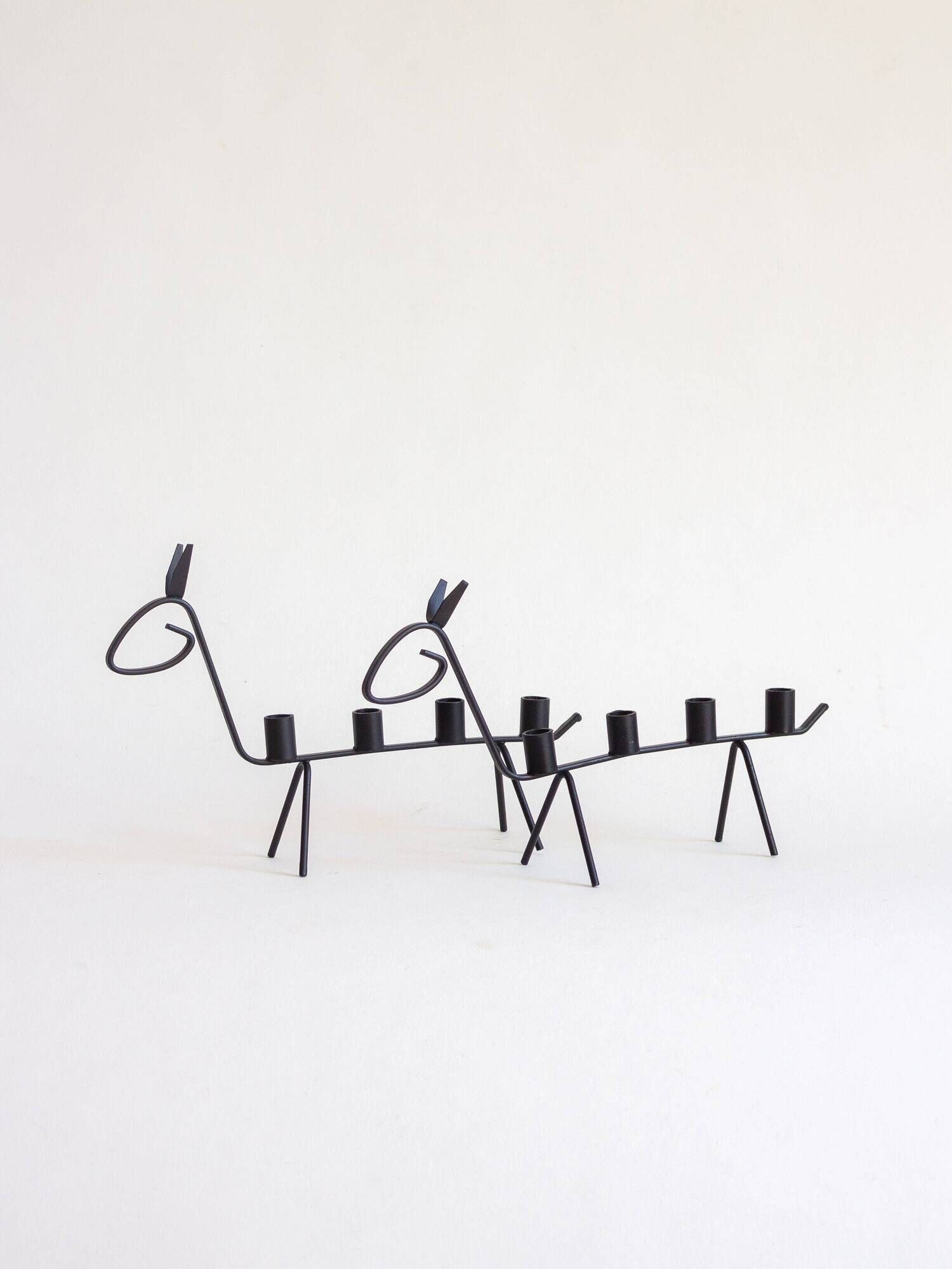 Pair of two zoomorphic wrought iron candlesticks with 4 lights, 1960s