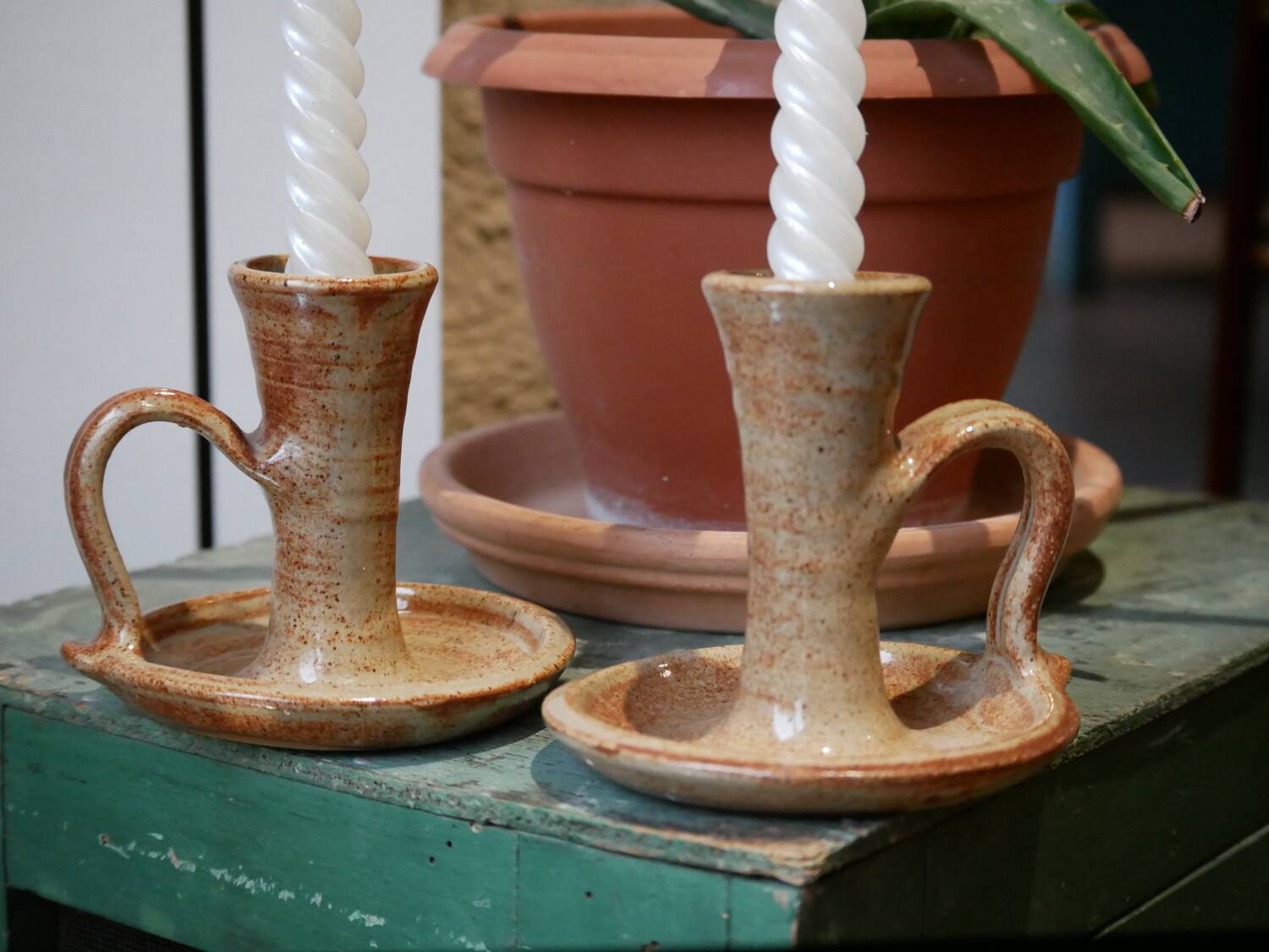 Stoneware candle holders - set of 2 (signed)