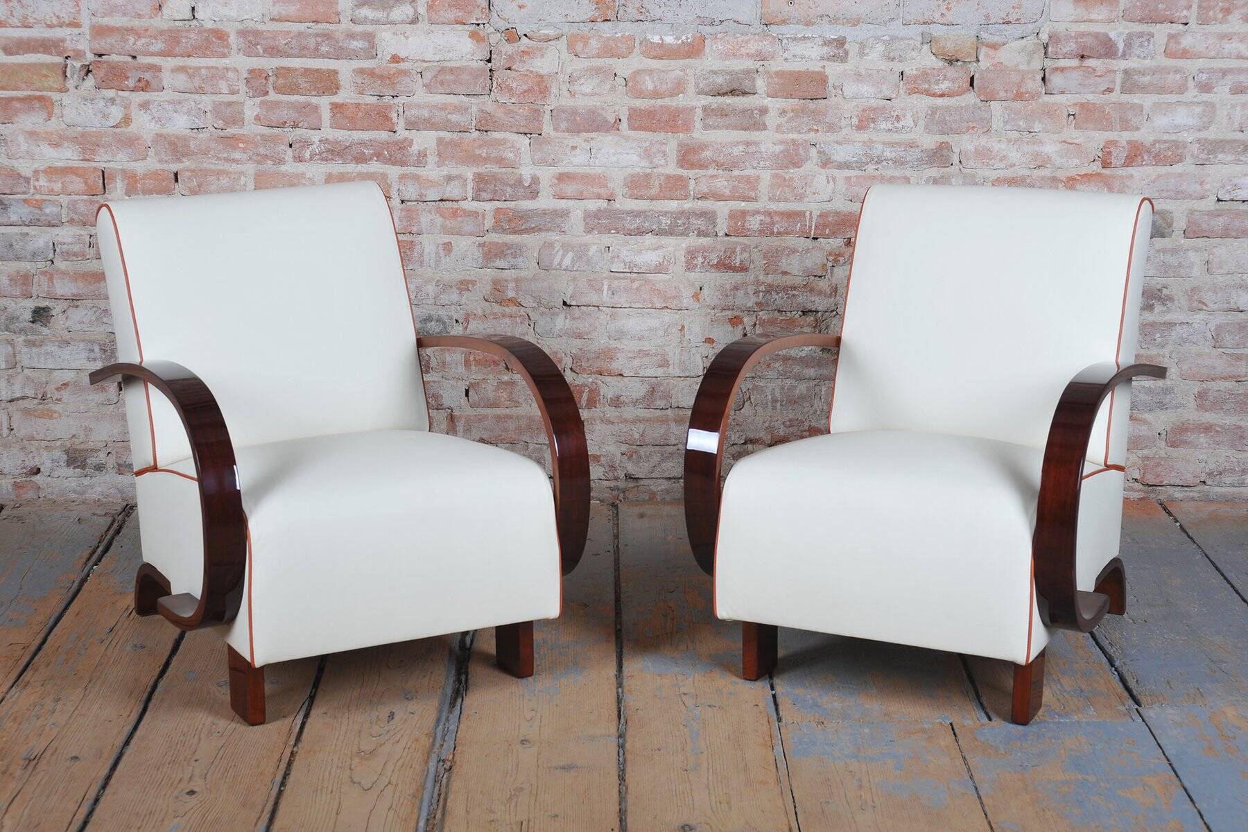 Art Deco Armchairs in Walnut and Leather, Czech, 1930s, Set of 2