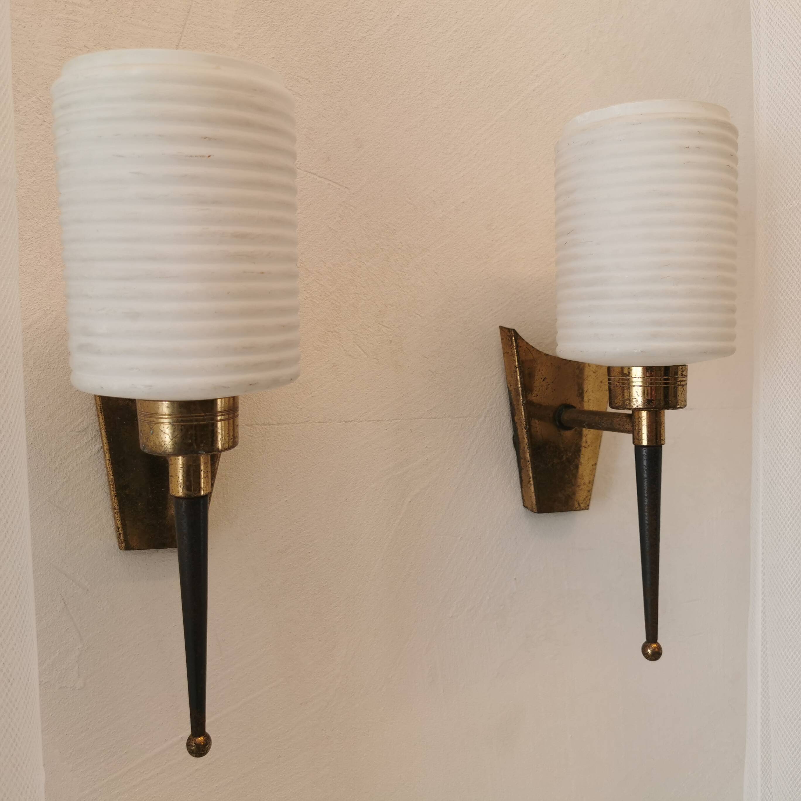 Pair of brass and opaline wall lights