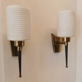 Pair of brass and opaline wall lights