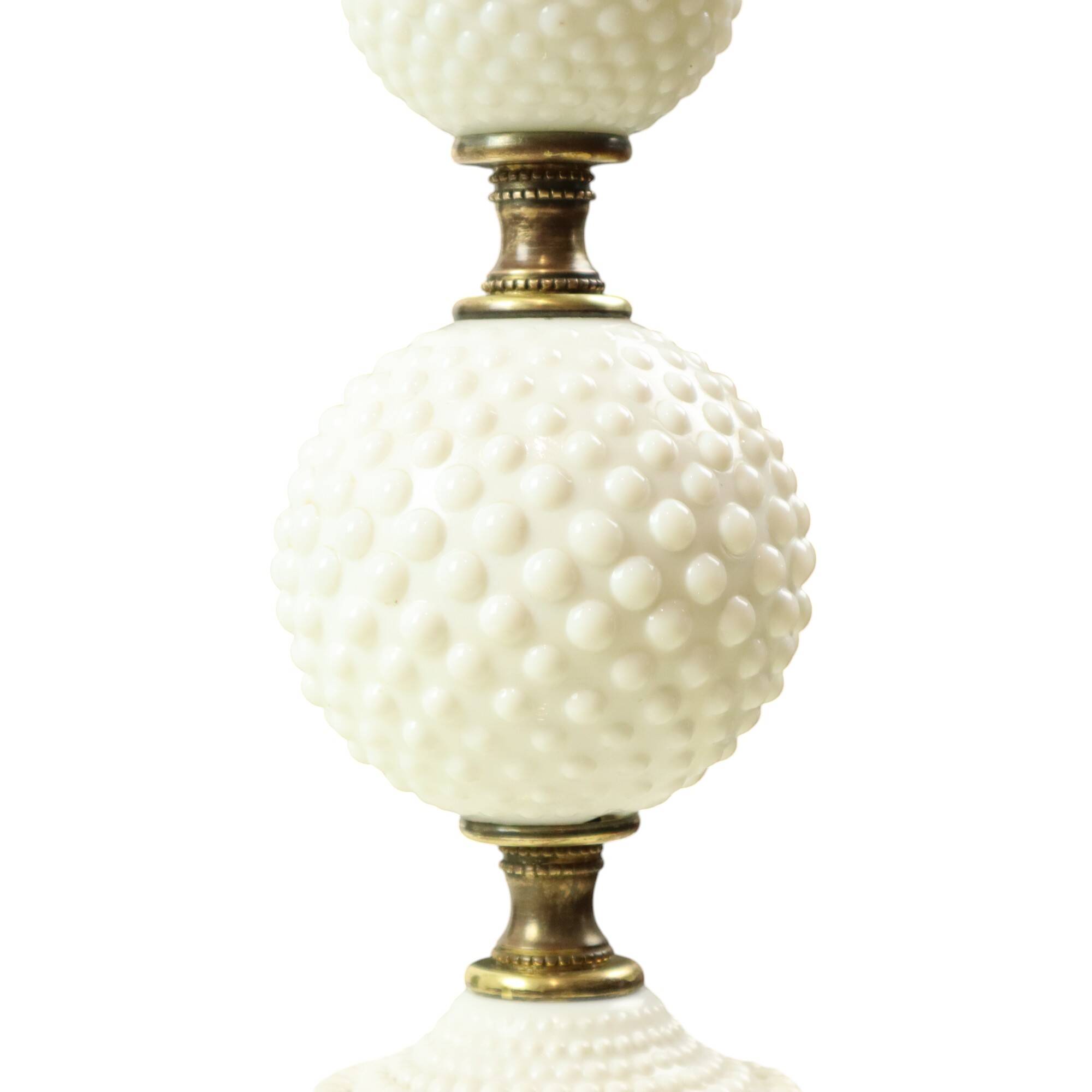Vintage Table Lamp Frosted Milk Glass Brass Hobnail 1970s