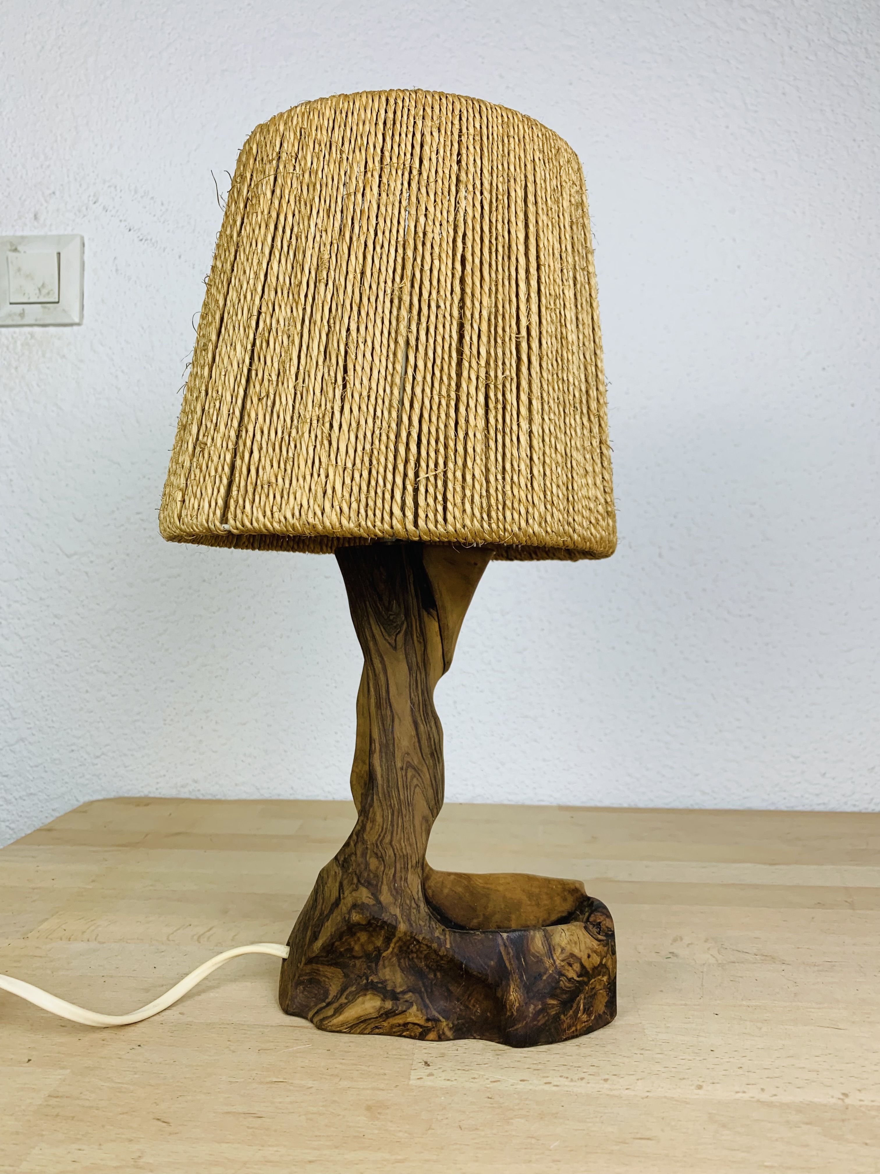 Brutalist lamp olive wood and organic style rope