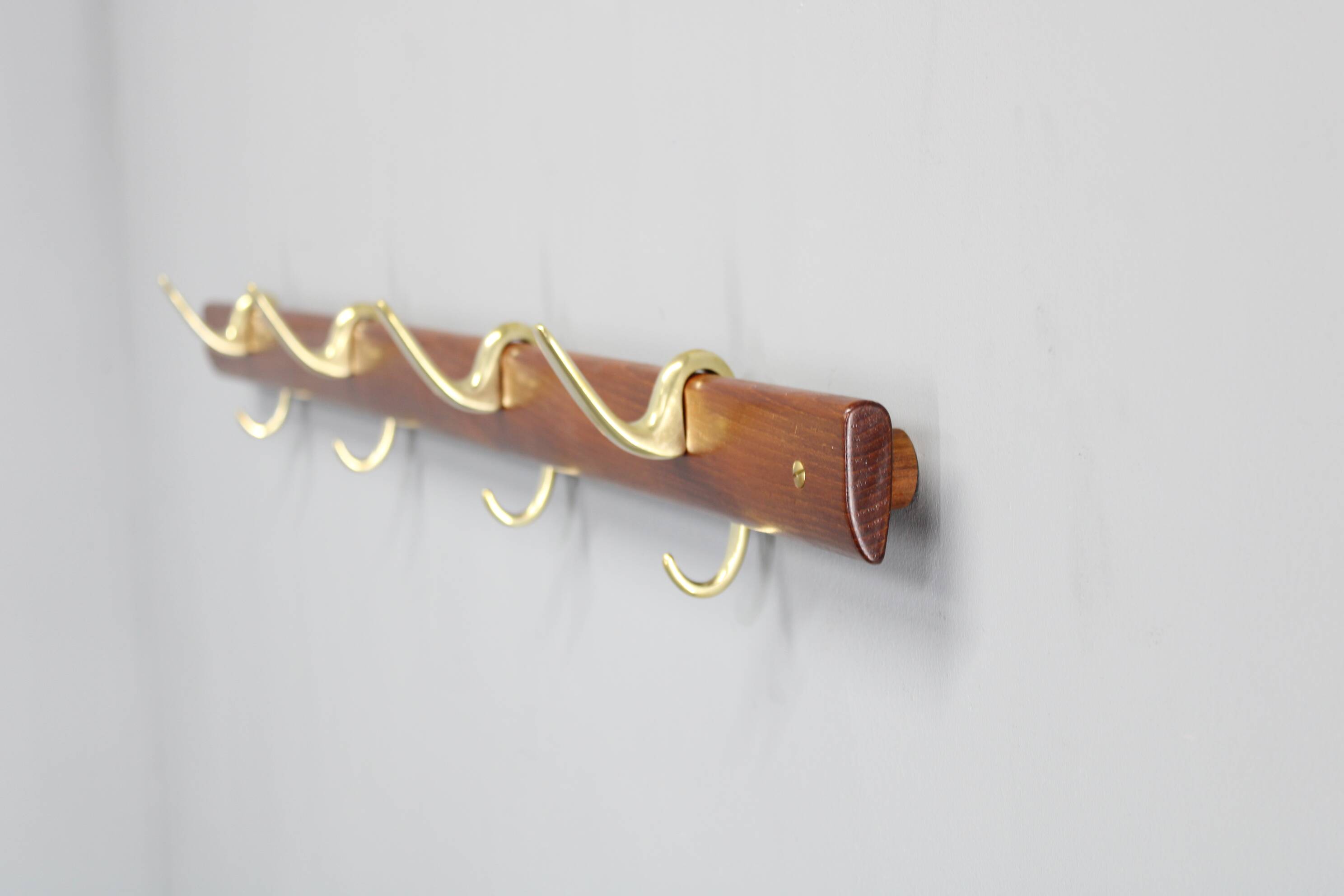 Brass and teak coat hanger by Carl Auböck for Illums Bolighus, Denmark, 1950s