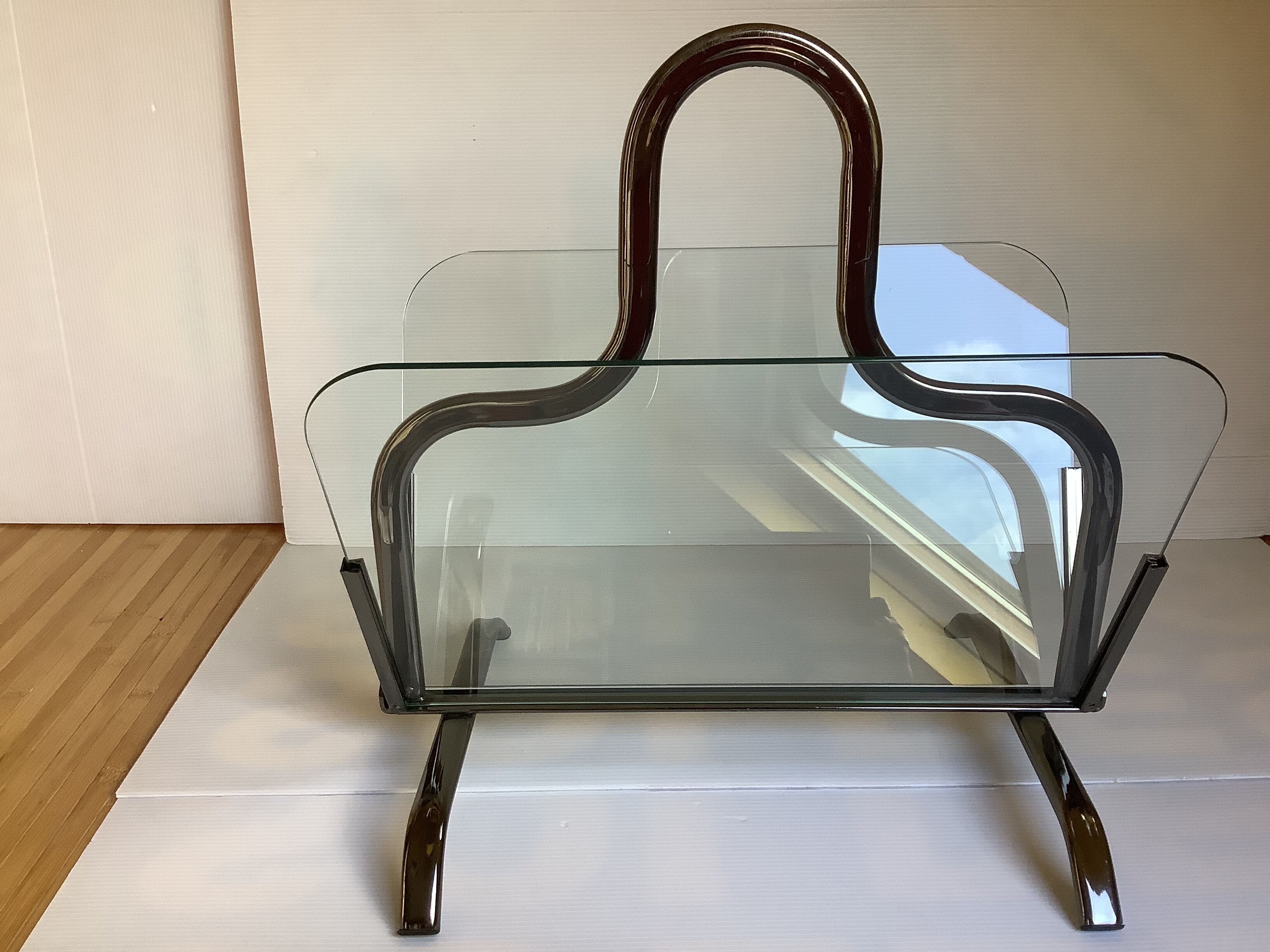 Old magazine holder chrome metal and glass