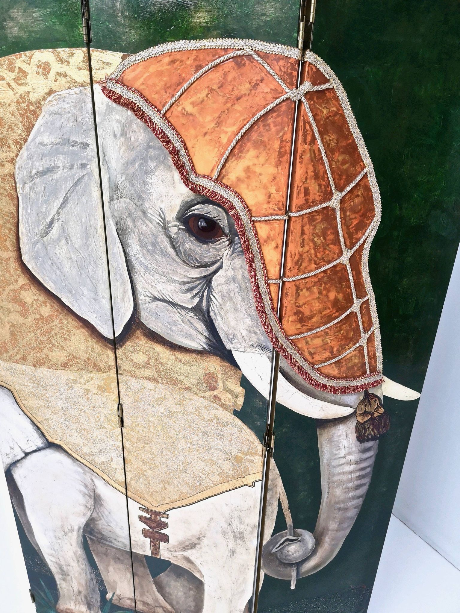 Postmodern five-panel room divider by doro with two asiatic elephants, italy