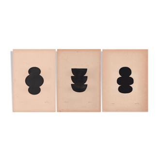 3 paintings on old paper signed Eawy