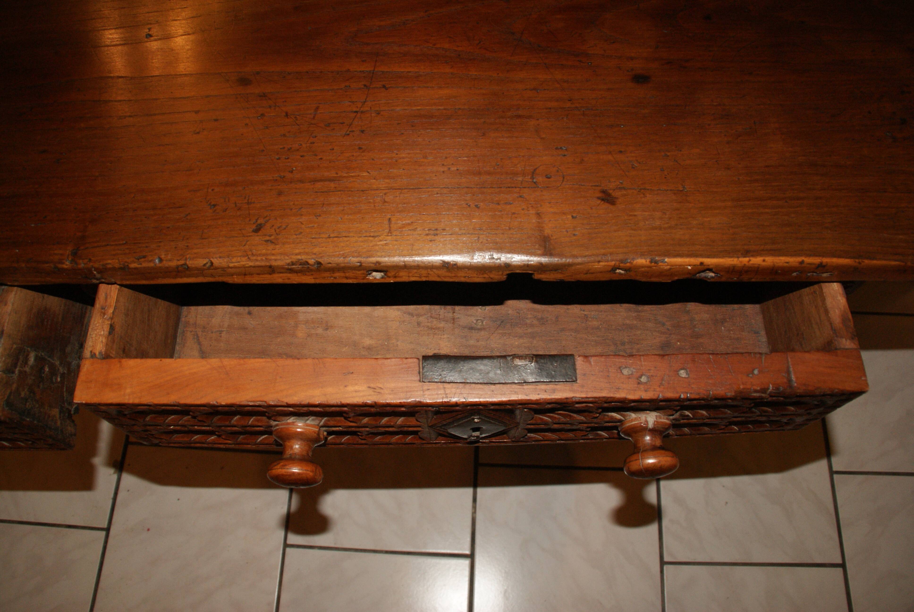 SAVOYARD CHALET TABLE, carved, with two drawers, late 18th century