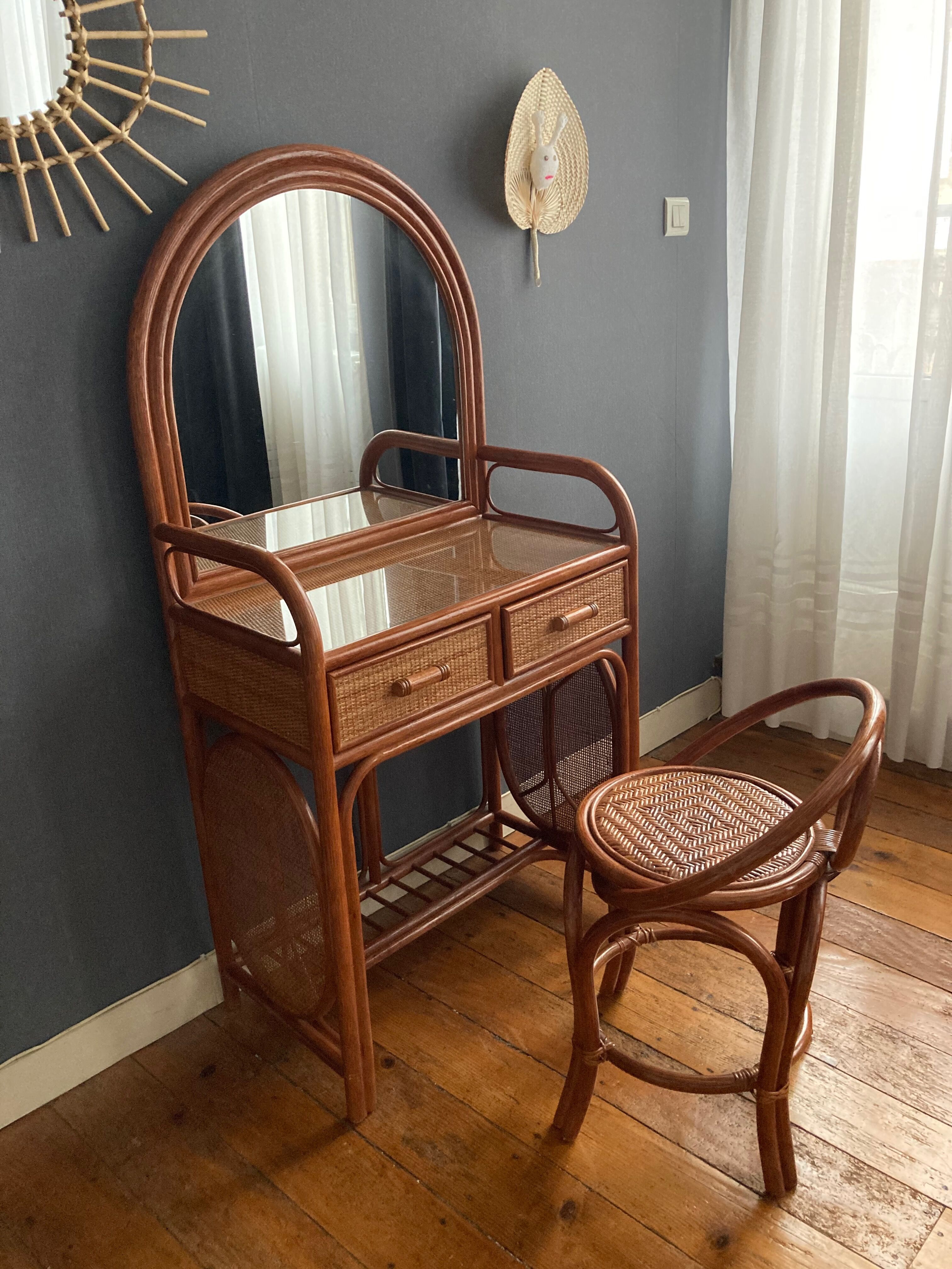 Hairdressing set and rattan chair in the 70s