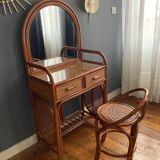 Ensemble coiffeuse et chaise en rotin années 70