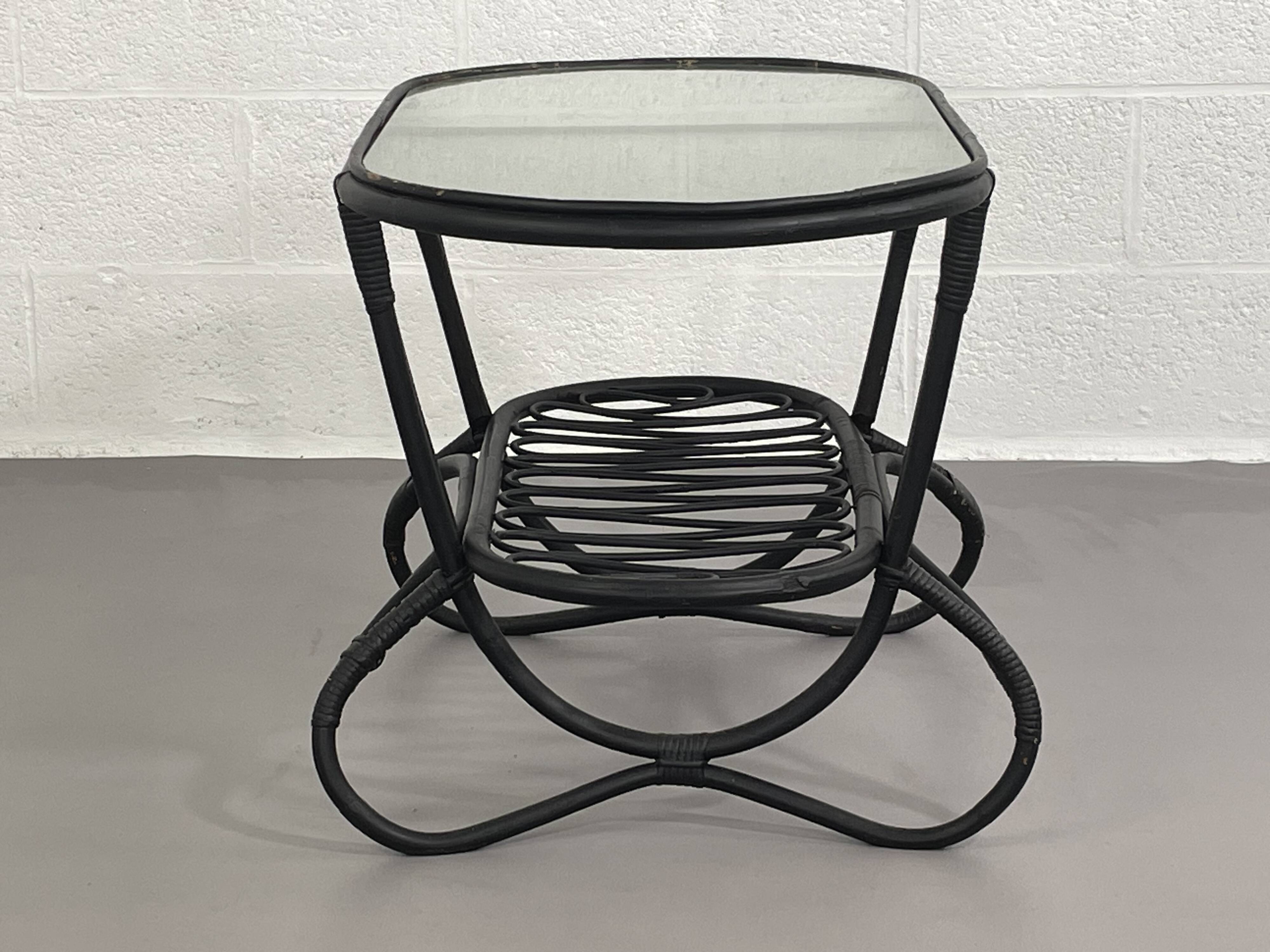 Black rattan and glass coffee table