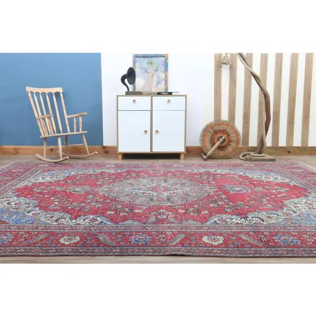 1970s Vintage Persian Handmade Wool Red Oversized Rug 297x378