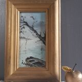 Oil painting boat on river, mist, tree, gilded wood frame 15.5x23.5 cm, signed