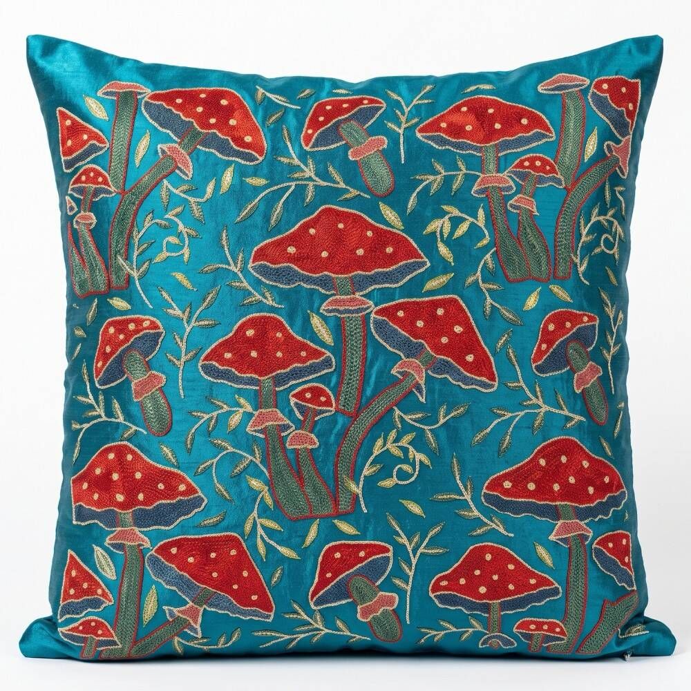 Silk Embroidered Mushroom Pattern Cushion Cover. Blue Throw Pillow Case. Traditional Accent Pillow