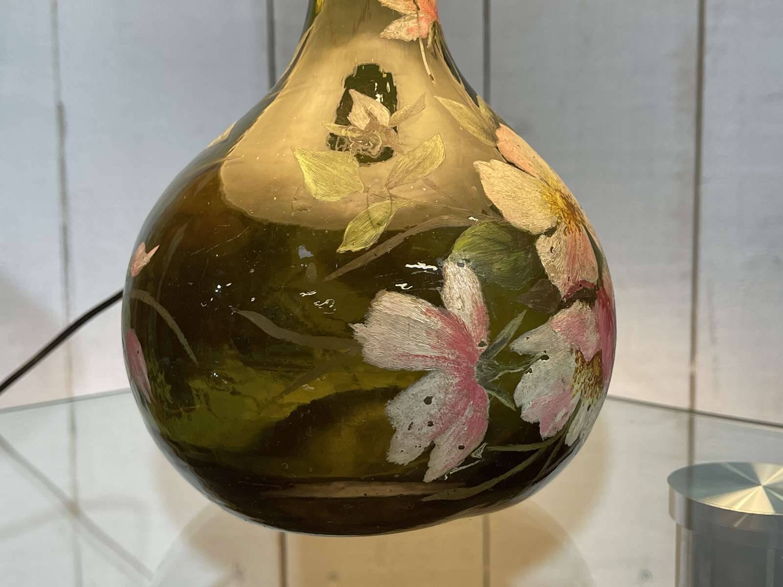 Blown glass lamp painted with a floral design, early 20th century.