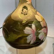 Blown glass lamp painted with a floral design, early 20th century.