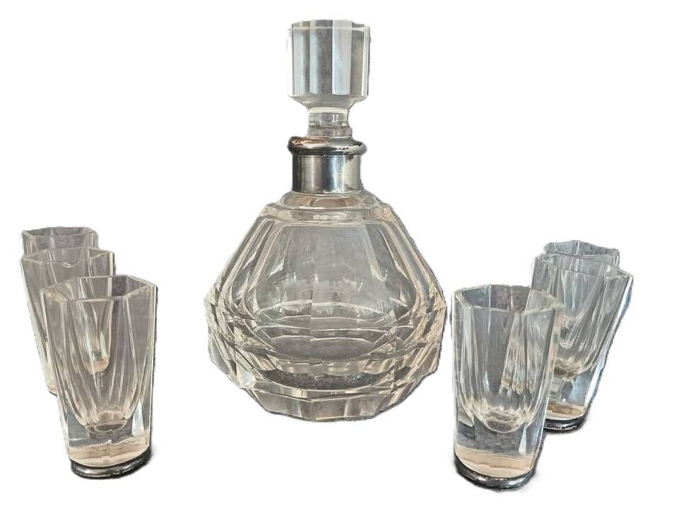 Antique liqueur set, decanter and 6 thick cut crystal glasses