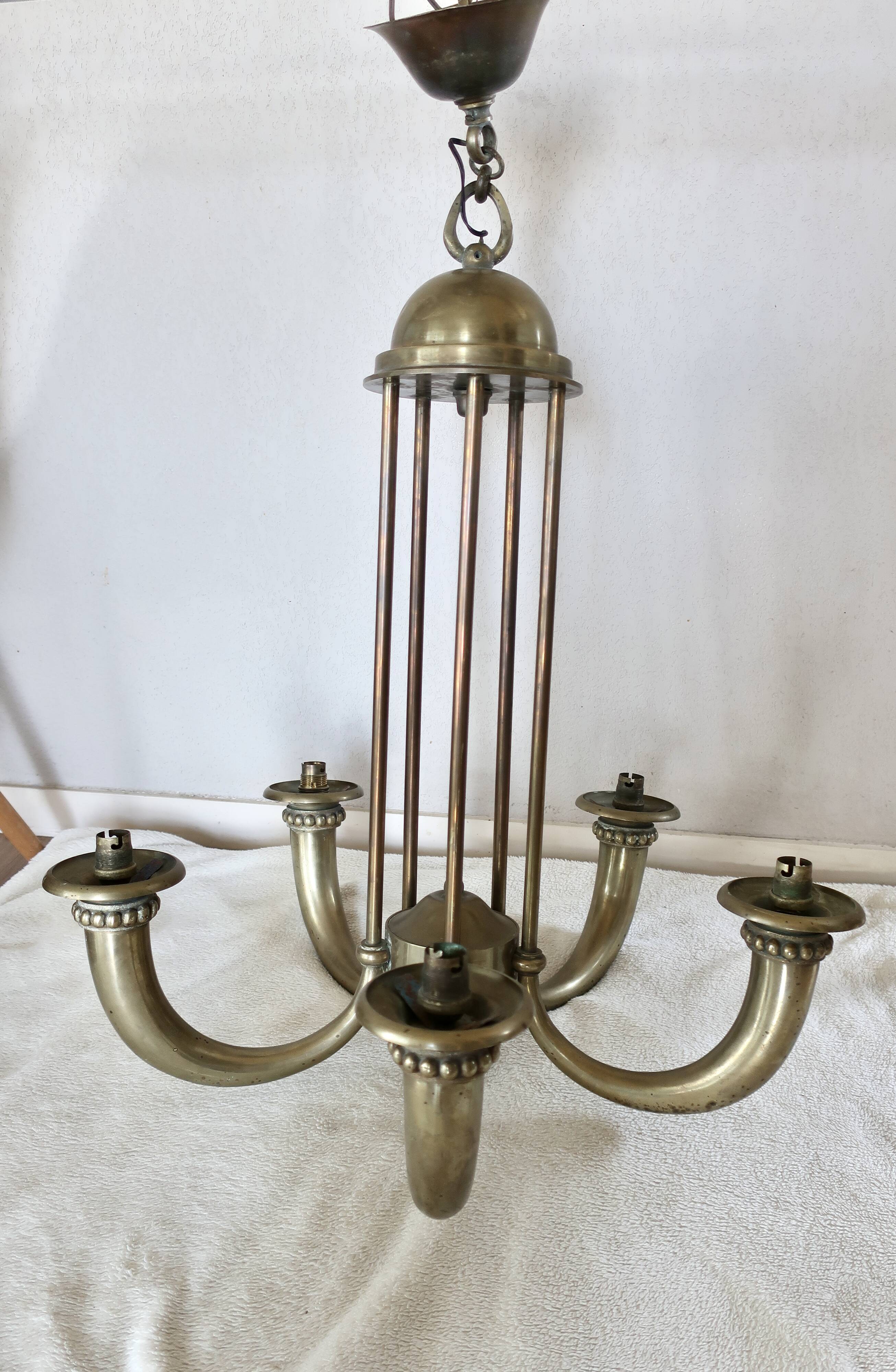 Art Deco chandelier in bronze and opaline by Jean Pascaud, 1940s.