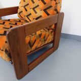Pair of vintage walnut and velvet fabric sleigh armchairs from the 70s