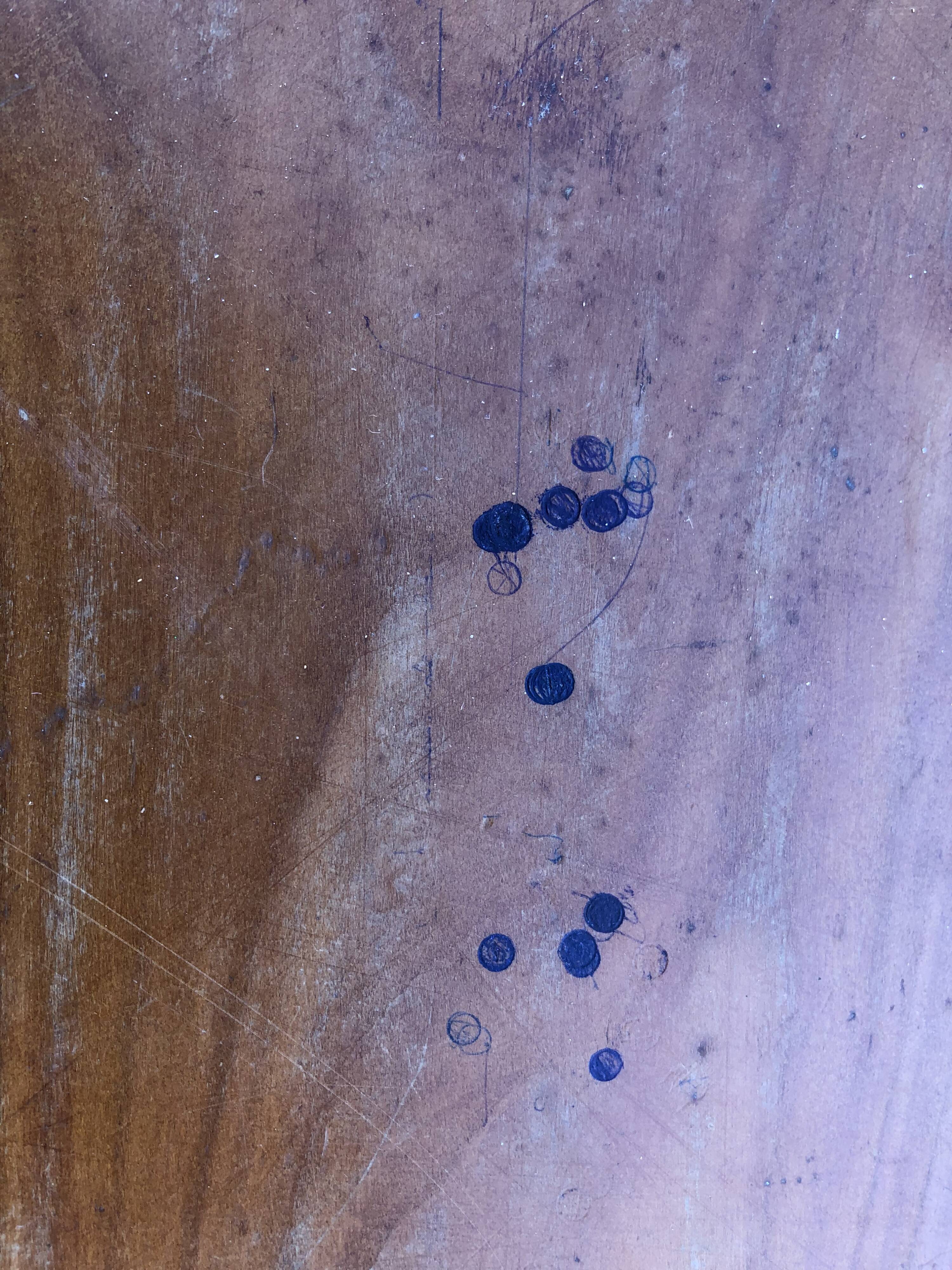 Antique cherry farmhouse table with turned legs and 2 drawers.