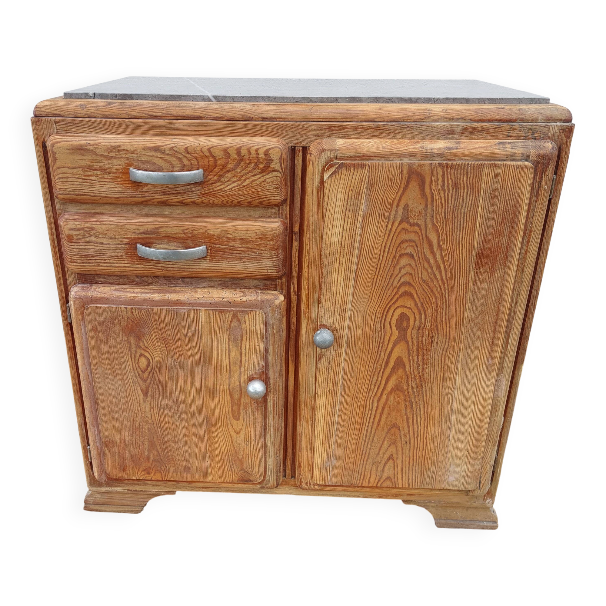 Vintage wooden buffet with a marble top.