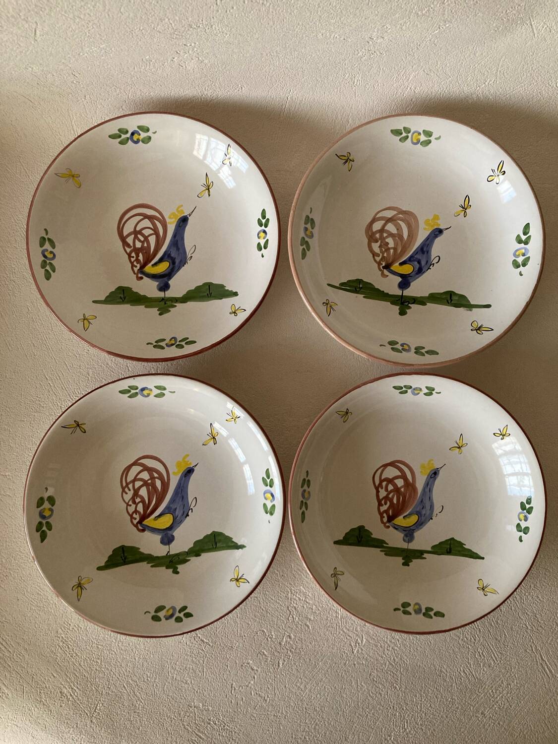 12 soup plates with calottes, Rooster La Rochelle decor, 18th century copy
